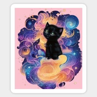 Night Magic: Black Kitten Sitting on Pink Clouds under a Starry Sky Sticker